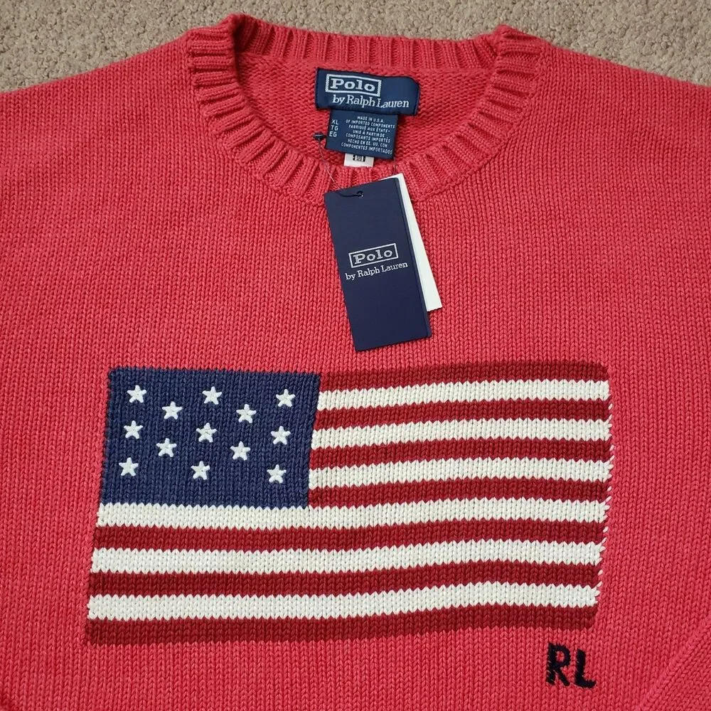 NWT Polo Ralph Lauren Iconic Flag Size XL Unisex USA Made Topaz Red Sweater